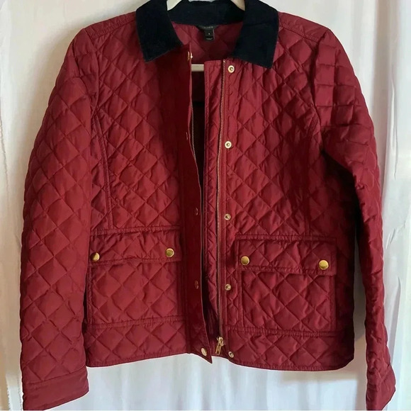 J.Crew Red Quilted Goose Down Puffer Jacket S Corduroy Collar Gold Buttons - Picture 15 of 15